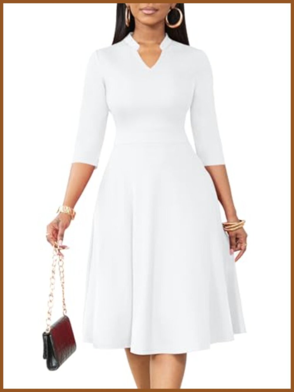 Women Midi Fit and Flare Dress 3/4 Sleeve V-Neck Stand Collar Casual Church